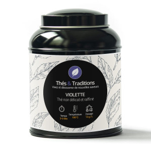 Tin of violet black tea Thés et Traditions with leaf illustration and preparation instructions