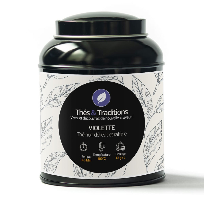 Boîte de thé noir violette Thés et Traditions avec illustration de feuilles et instructions de préparation