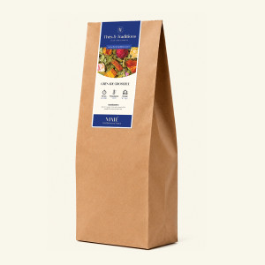 Großer Kraftpapierbeutel mit Yerba Mate Grenade Groseille lose im Kilo-Format, dunkelblauem Etikett von Thés & Traditions, Dreiv
