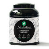 Scatola di mate melagrana ribes Thés et Traditions con illustrazioni di foglie e istruzioni di preparazione