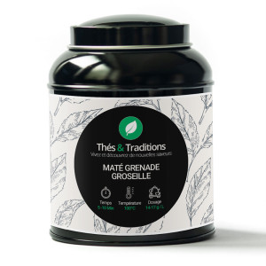 Pomegranate Redcurrant Mate Box by Thés et Traditions with Leaf Illustrations and Brewing Instructions