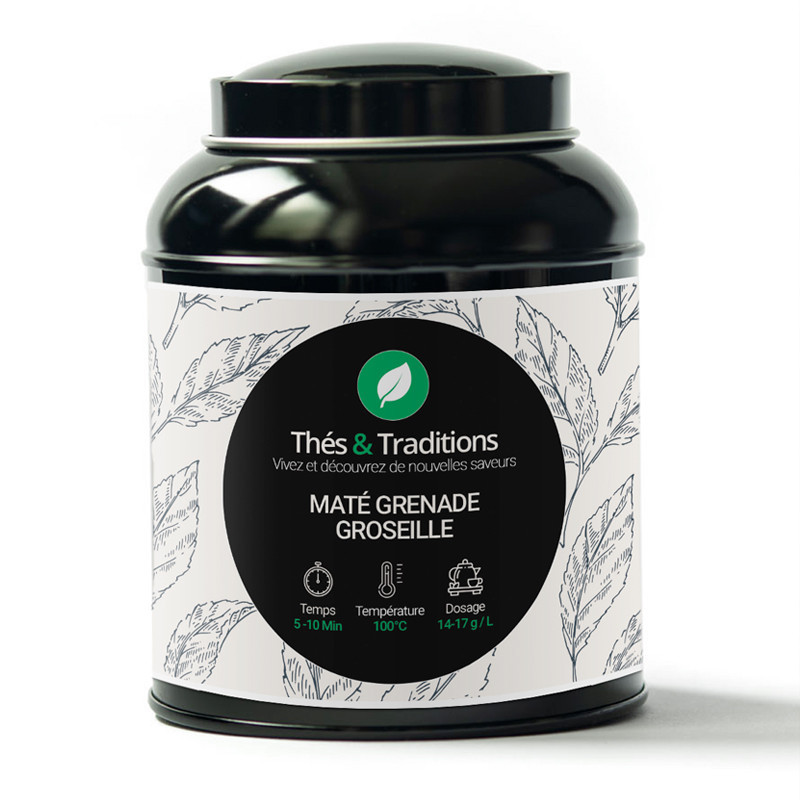 Pomegranate Redcurrant Mate Box by Thés et Traditions with Leaf Illustrations and Brewing Instructions