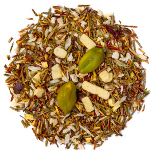 Mischung aus Rooibos mit Pistazienspritzern und weißen Schokoladenstücken
