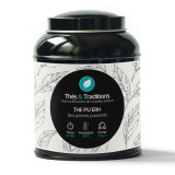 Boîte de thé Pu Erh Thés et Traditions avec étiquette noire et motifs feuilles blanches
