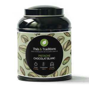 Blik rooibos pistache witte chocolade Thés et Traditions met illustraties van pistachenoten