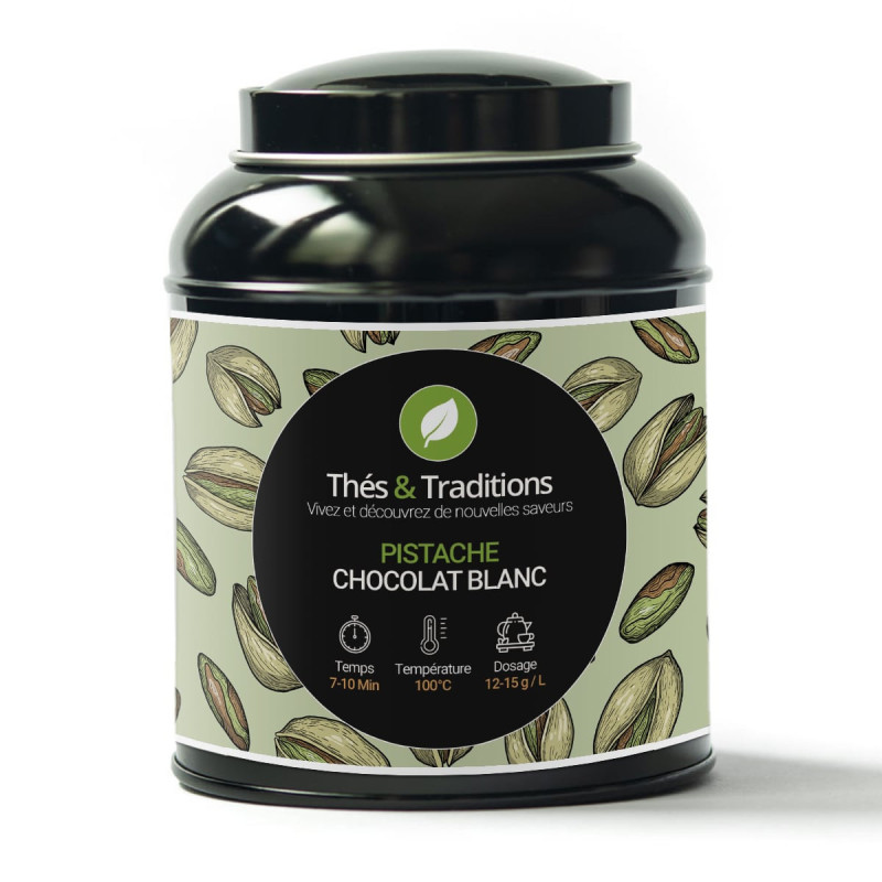 Scatola di rooibos pistacchio cioccolato bianco Thés et Traditions con illustrazioni di pistacchi