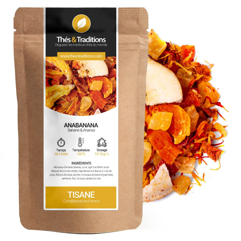 Tisana Anabanana banana ananas miscela di frutta secca e fiori confezionata in sacchetto kraft