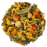 mix van CBD digestieve kruidenthee met kamille bloemen bladeren en stukjes gedroogde kruiden