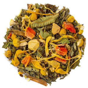 mix van CBD digestieve kruidenthee met kamille bloemen bladeren en stukjes gedroogde kruiden