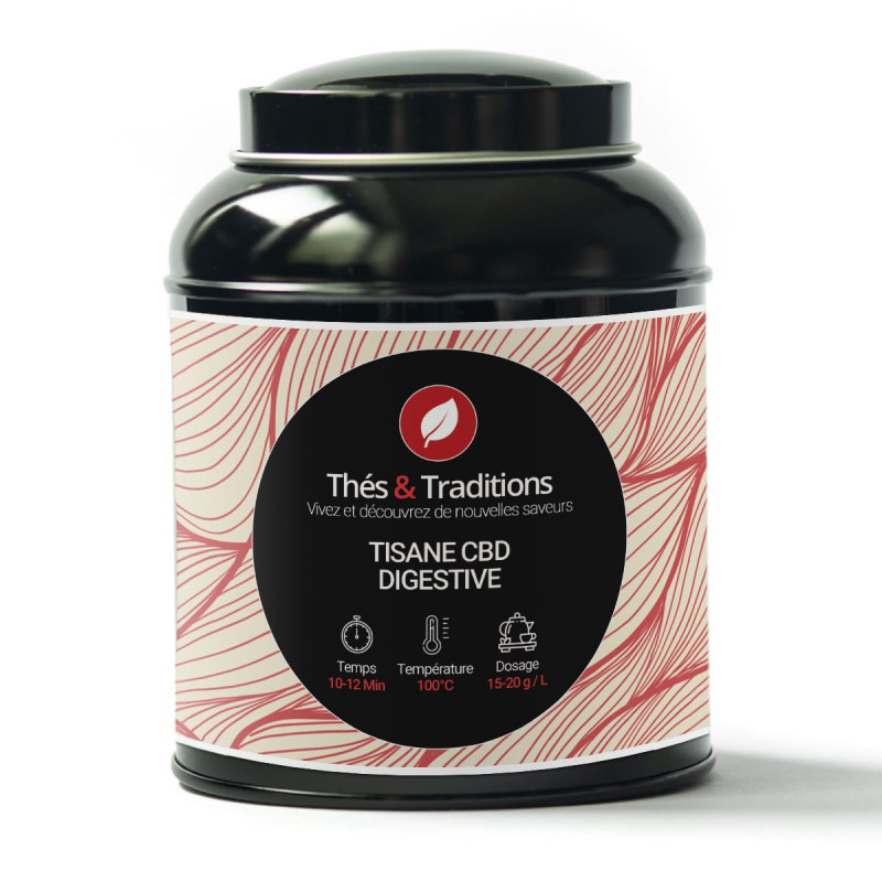 Box of CBD digestive herbal tea Thés et Traditions with brewing instructions
