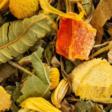 blend of dried herbs chamomile leaves and bark pieces for CBD digestive herbal tea