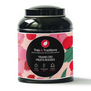 Box of CBD red fruits herbal tea Thés et Traditions with illustrations of red fruits and green leaves