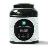 Boîte de tisane CBD relaxante Thés et Traditions avec instructions de préparation et design floral vert pâle