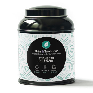 Box of relaxing CBD herbal tea Thés et Traditions with brewing instructions and pale green floral design