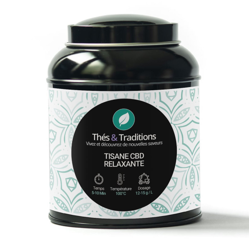 Scatola di tisana CBD rilassante Thés et Traditions con istruzioni di preparazione e design floreale verde pallido