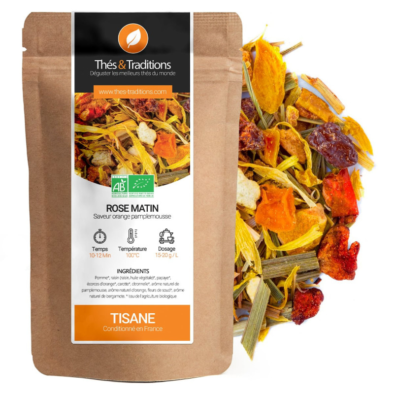 Rose morning herbal tea orange grapefruit flavor organic kraft bag natural ingredients
