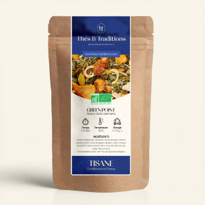 Wiederverschließbarer Kraftpapierbeutel der Kräutertee Green Point, Etikett in Marineblau und Gold von Thés & Traditions, Fenste