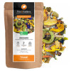 Organic ginger herbal tea kraft bag ingredients leaves flowers and colorful citrus pieces Organic ginger herbal tea kraft bag ingredients leaves flowers and colorful citrus pieces