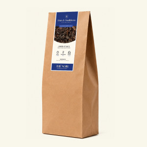 Großer Kraftpapierbeutel mit Schwarztee Jardin d'Alice lose im 1-kg-Format, dunkelblau beschriftete Etikette Thés & Traditions, 