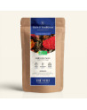 Wiederverschließbarer Kraftpapierbeutel mit Grüntee Wildbeeren, Etikett in Marineblau und Gold von Thés & Traditions, Sichtfenst