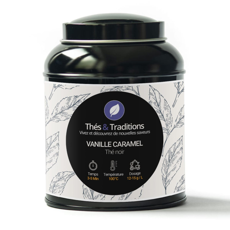 Thés et Traditions vanilla caramel black tea box with leaf illustrations and brewing instructions