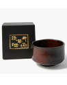 Matcha bowl in black and red ceramic with black box and golden Japanese inscription