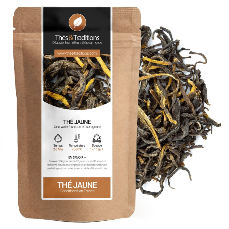 Yellow tea in long black and yellow leaves kraft packaging Thés et Traditions