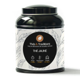 Boîte métallique de thé jaune Thés et Traditions avec illustrations de feuilles et instructions de préparation