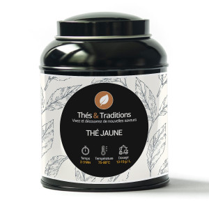 Metalen theeblik gele thee Thés et Traditions met illustraties van bladeren en bereidingsinstructies