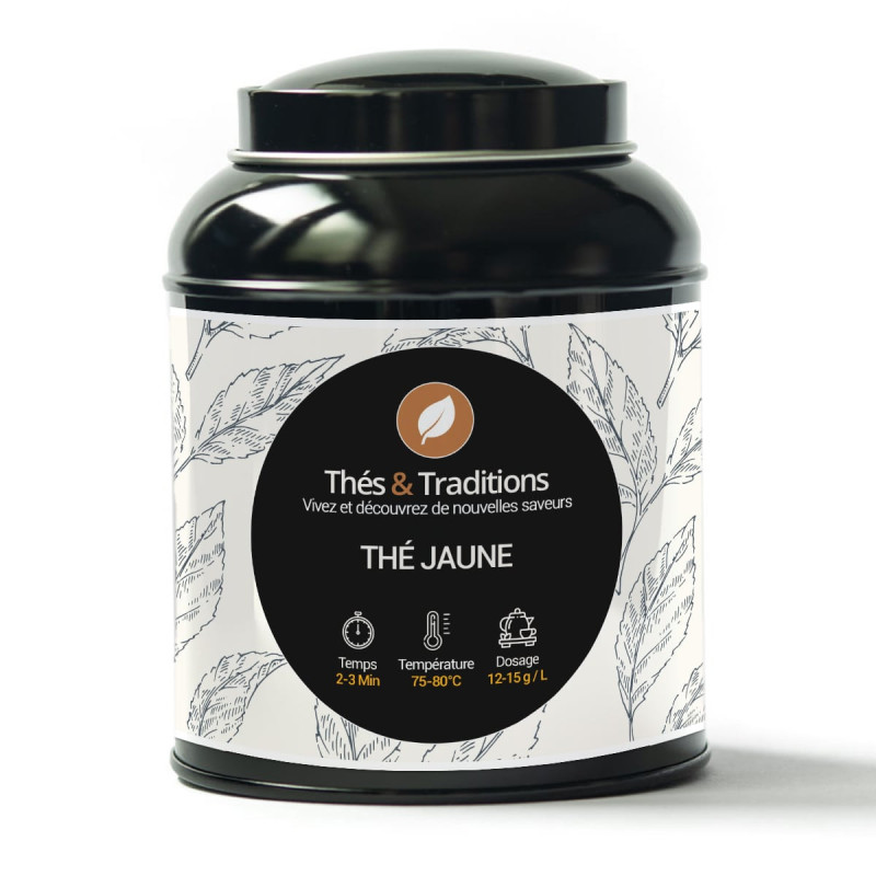 Boîte métallique de thé jaune Thés et Traditions avec illustrations de feuilles et instructions de préparation
