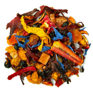 Hibiscaïa herbal tea blend with dried flowers, fruit pieces and colorful petals