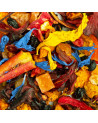 Miscela di tisana Hibiscaïa con fiori blu e gialli, pezzi di frutti rossi e spezie colorate