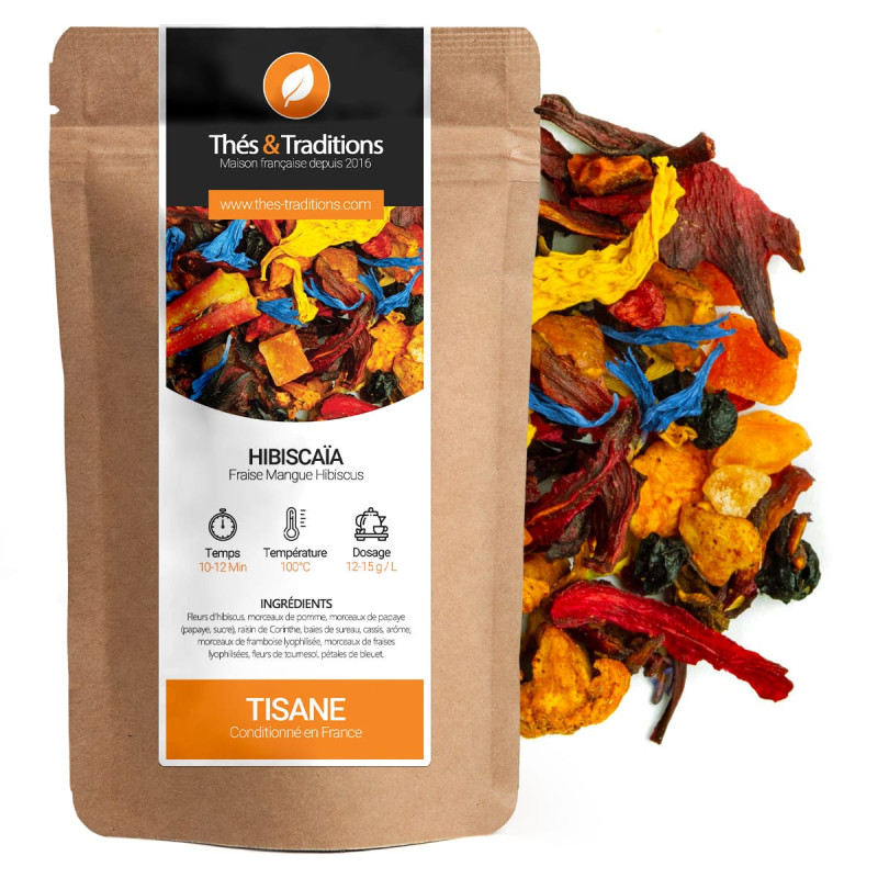Hibiscaïa strawberry mango herbal tea kraft bag with blend of colorful dried flowers and fruits