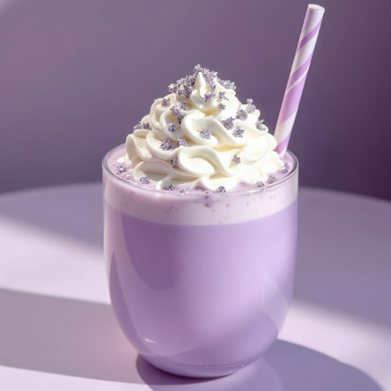 Bevanda viola con polvere di ube con panna montata e cannuccia a righe rosa e bianche