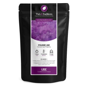 Violettes Ube-Pulver zur kulinarischen Verwendung in schwarzer Thés & Traditions Verpackung