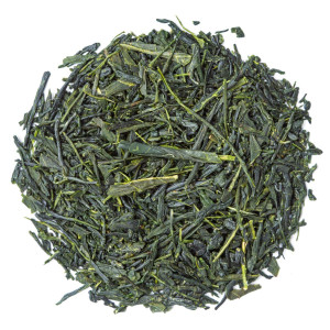 organic shincha miyazaki green tea loose leaves dark green color and elongated shape