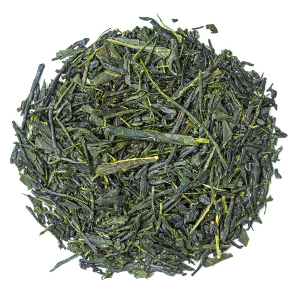 organic shincha miyazaki green tea loose leaves dark green color and elongated shape