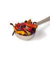 metal tea spoon filled with dried flowers and colorful spices for infusion