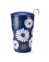 Blauwe thee-infuser met witte en gouden bloemenmotieven deksel en geïntegreerde roestvrijstalen filter