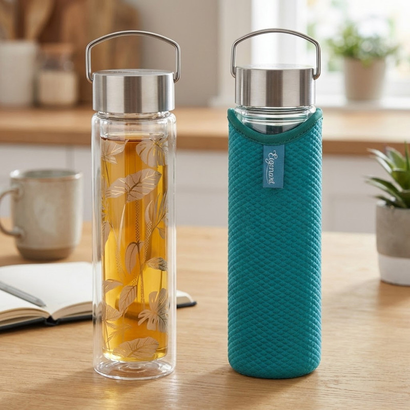 Théière en verre Tropic Summer avec infuseur feuilles tropicales et housse bleue sur table en bois