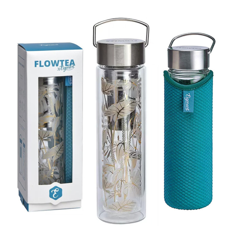 Théière en verre Tropic Summer avec motif feuilles et housse bleue isolante