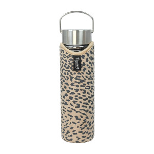 Glaskanne mit Leoparden-Muster-Bezug und Edelstahldeckel mit Metallhenkel