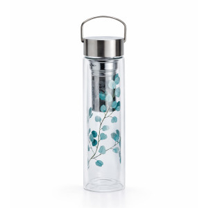 Théière en verre avec infuseur inox et motif feuilles d eucalyptus bleu vert