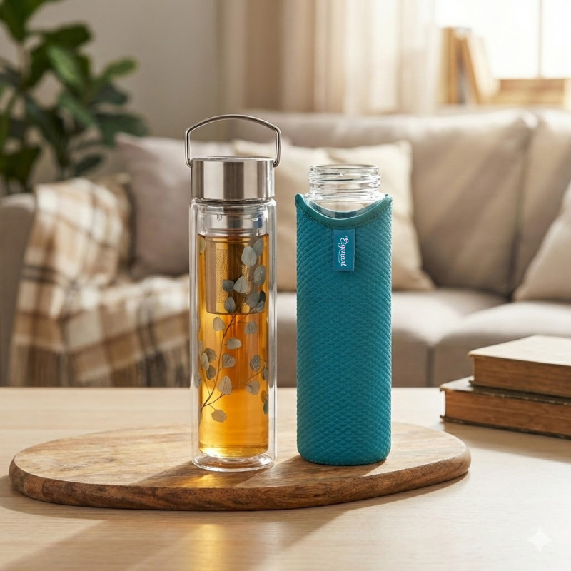 Teiera in vetro con infusore motivo eucalipto e custodia blu posata su tavola di legno in soggiorno luminoso