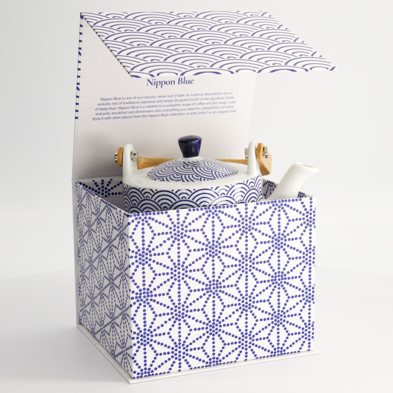Nippon Wave 80cl teapot in white porcelain with blue patterns and wooden handle in matching packaging