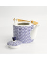White ceramic teapot with blue wave patterns wooden handle stainless steel filter 80 cl