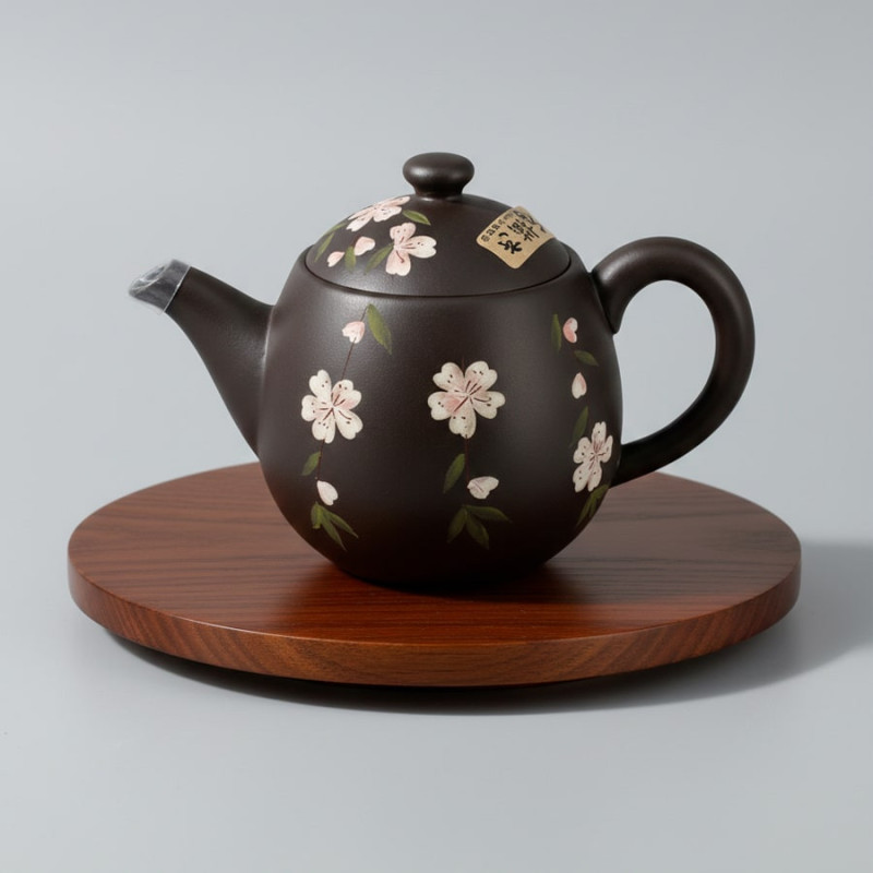 Teiera Tokoname nera decorata con fiori bianchi posata su un vassoio di legno rotondo