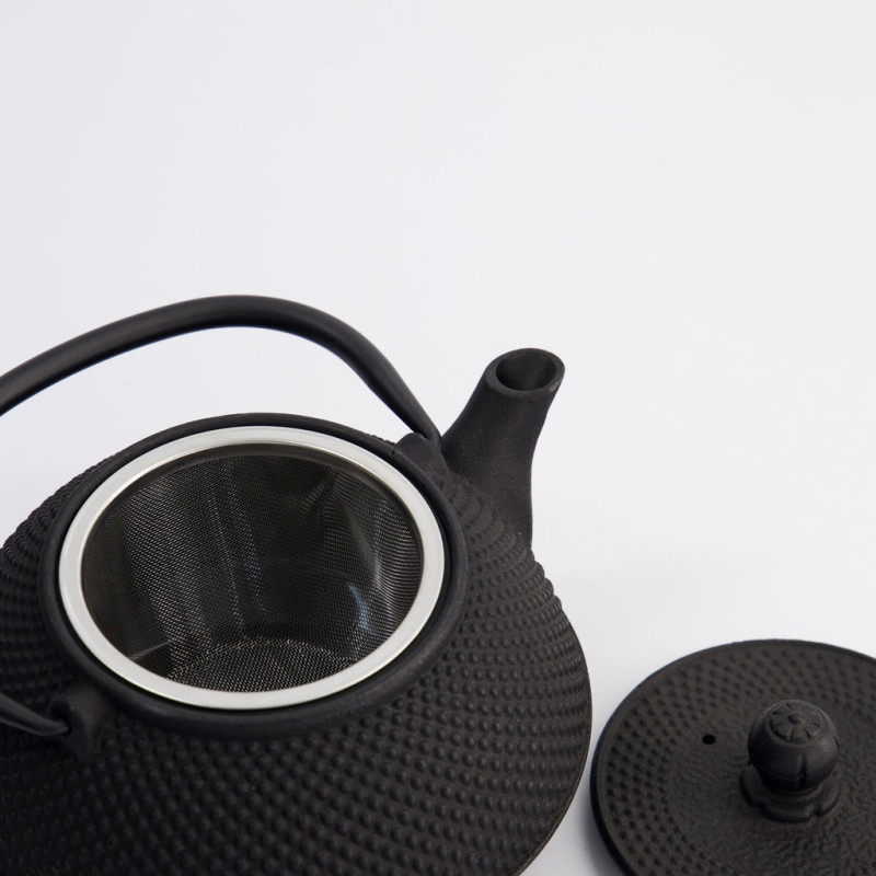 Black Arare cast iron teapot with steel infuser and ergonomic handle