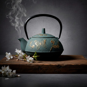 Green cast iron teapot with butterfly and embossed flowers black handle on smoked wooden board