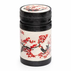 Scatola Akashi rossa decorata con rami di ciliegio in fiore stile giapponese